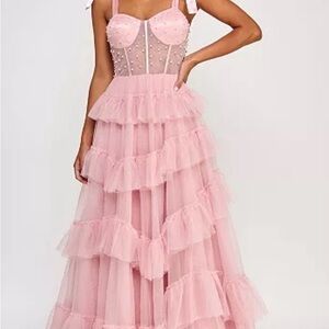 Pink Pearl-Embellished Tulle Ruffle Maxi Dress